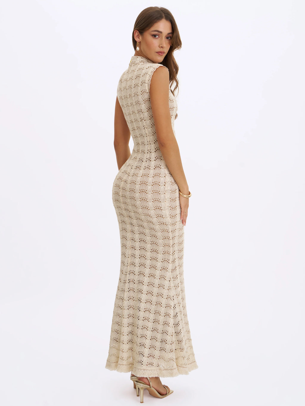 Xylona Beige Gold Crochet Teardrop Neckline Mermaid Maxi Dress