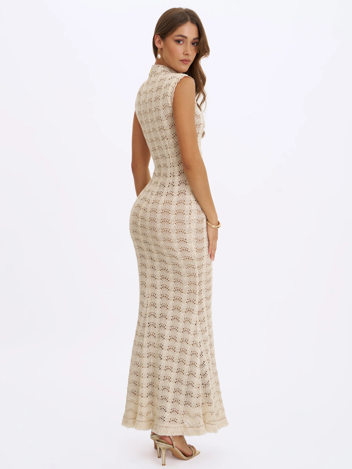 Xylona Beige Gold Crochet Teardrop Neckline Mermaid Maxi Dress