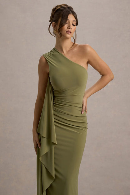 Adelina Olive One Shoulder Maxi Dress With Drape