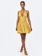 Xavia Gold Crystal Organza Plunging Halter Mini Dress