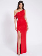 Paget Red Mesh Rhinestone Embellished High Slit Gown Archive Sale