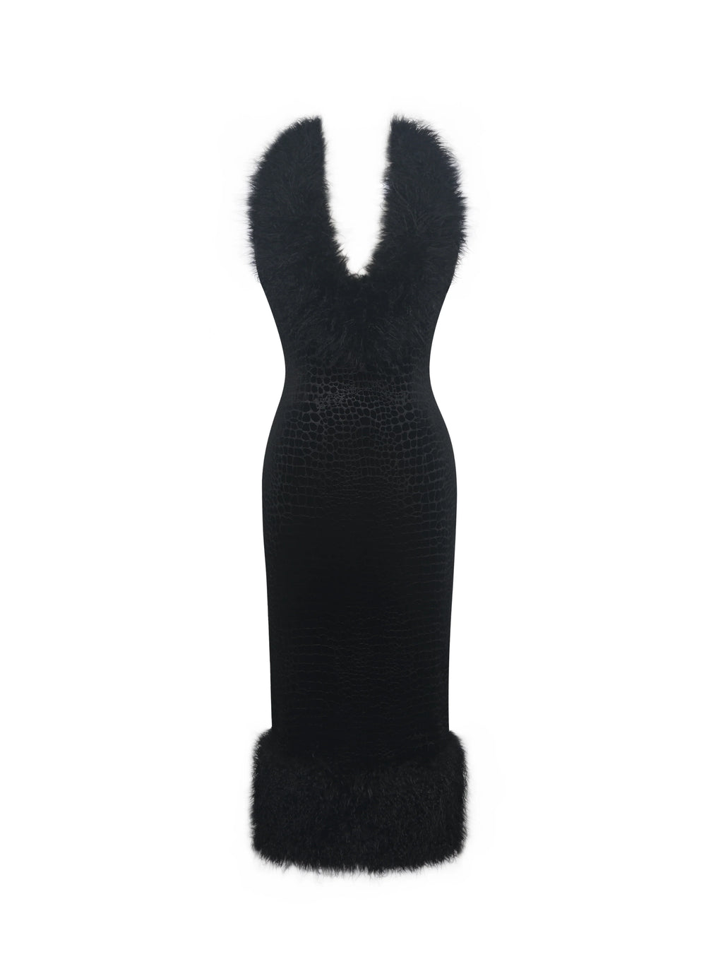 Onalee Black Croc Embossed Velvet Fur Midi Dress