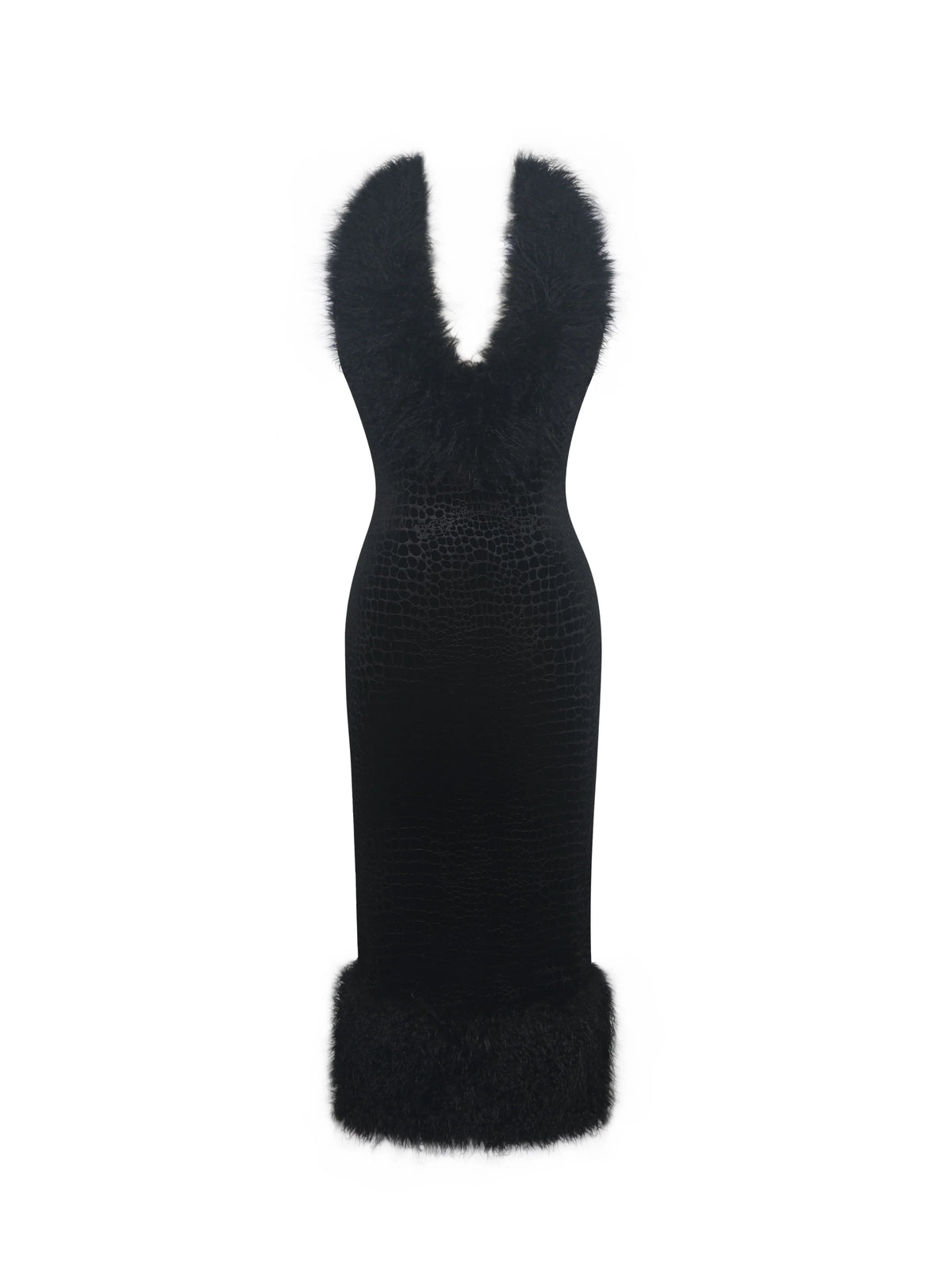 Onalee Black Croc Embossed Velvet Fur Midi Dress