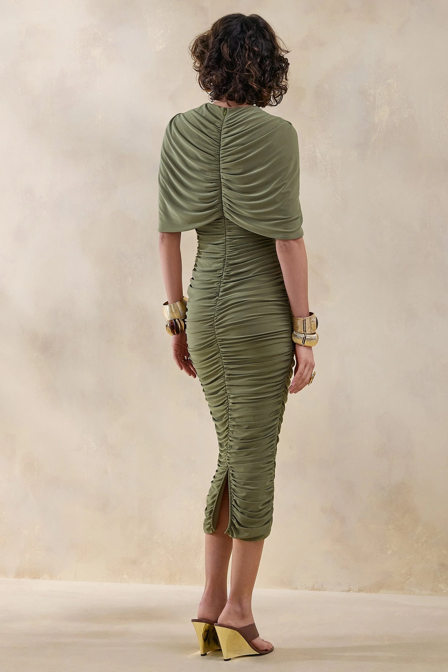 Parisia Olive Round Neck Midi Dress With Cape Detail