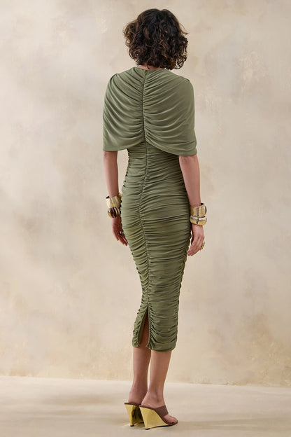 Parisia Olive Round Neck Midi Dress With Cape Detail