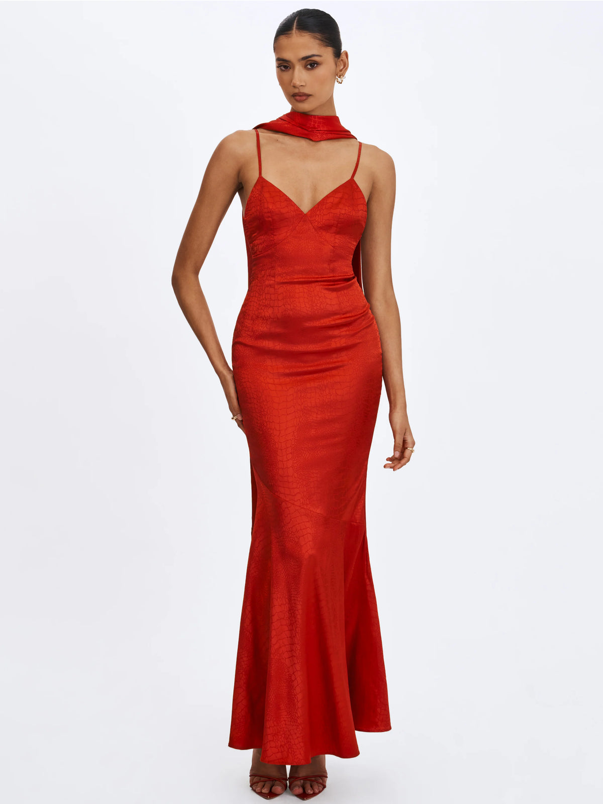 Kelsey Scarlet Croc Embossed Flared Hem Maxi Dress with Scarf