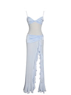 Lacy Blue Ruched Breast High Slit Chiffon Dress