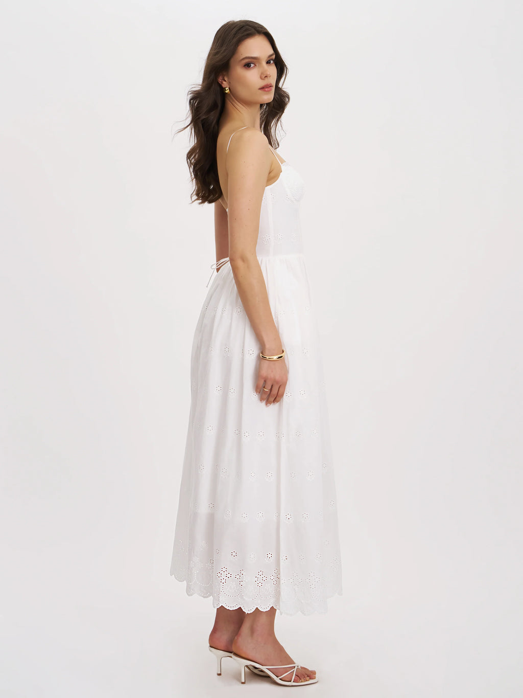 Oberon White Cotton Eyelet Lace Up Back Maxi Dress