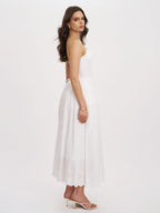 Oberon White Cotton Eyelet Lace Up Back Maxi Dress
