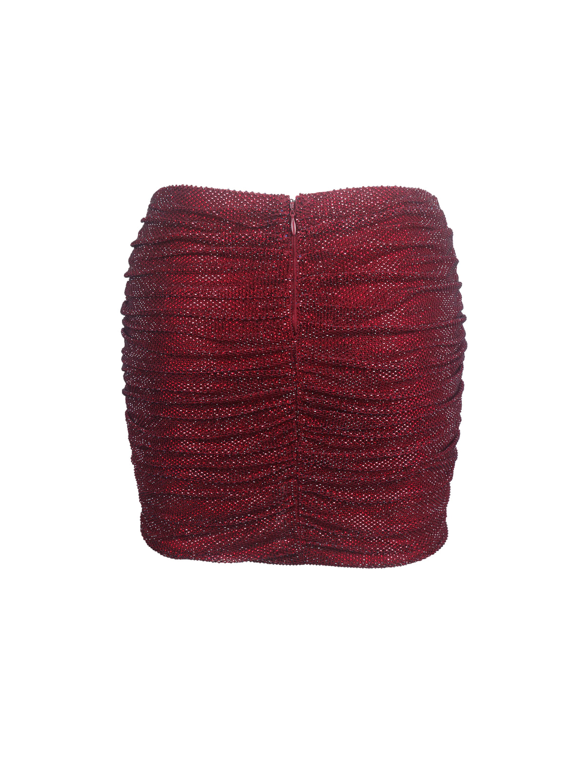 Darleen Crimson Rhinestone Mesh Low Waist Ruched Skirt