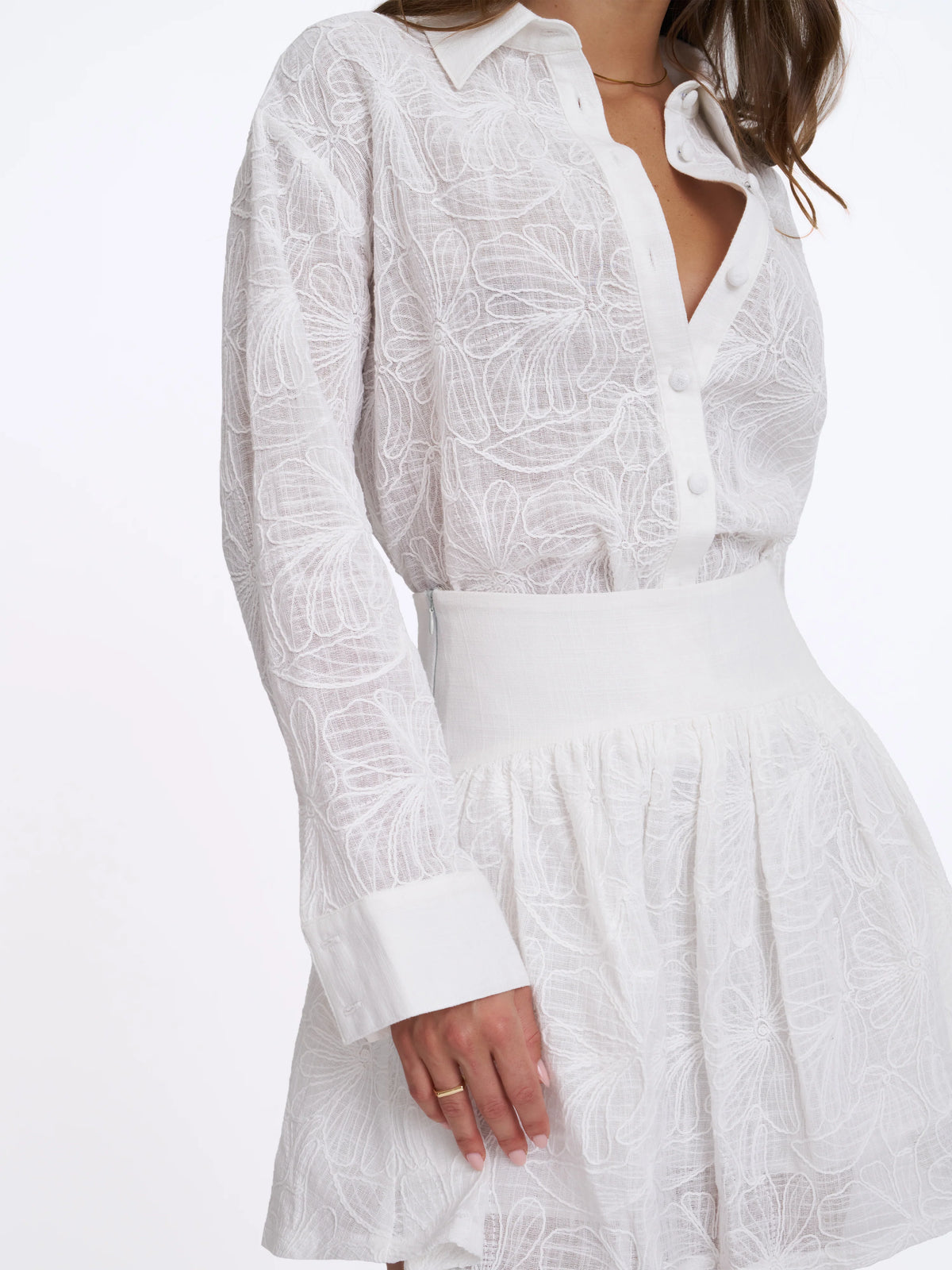 Quintina White Embroidered Cotton Gauze Button Down Shirt