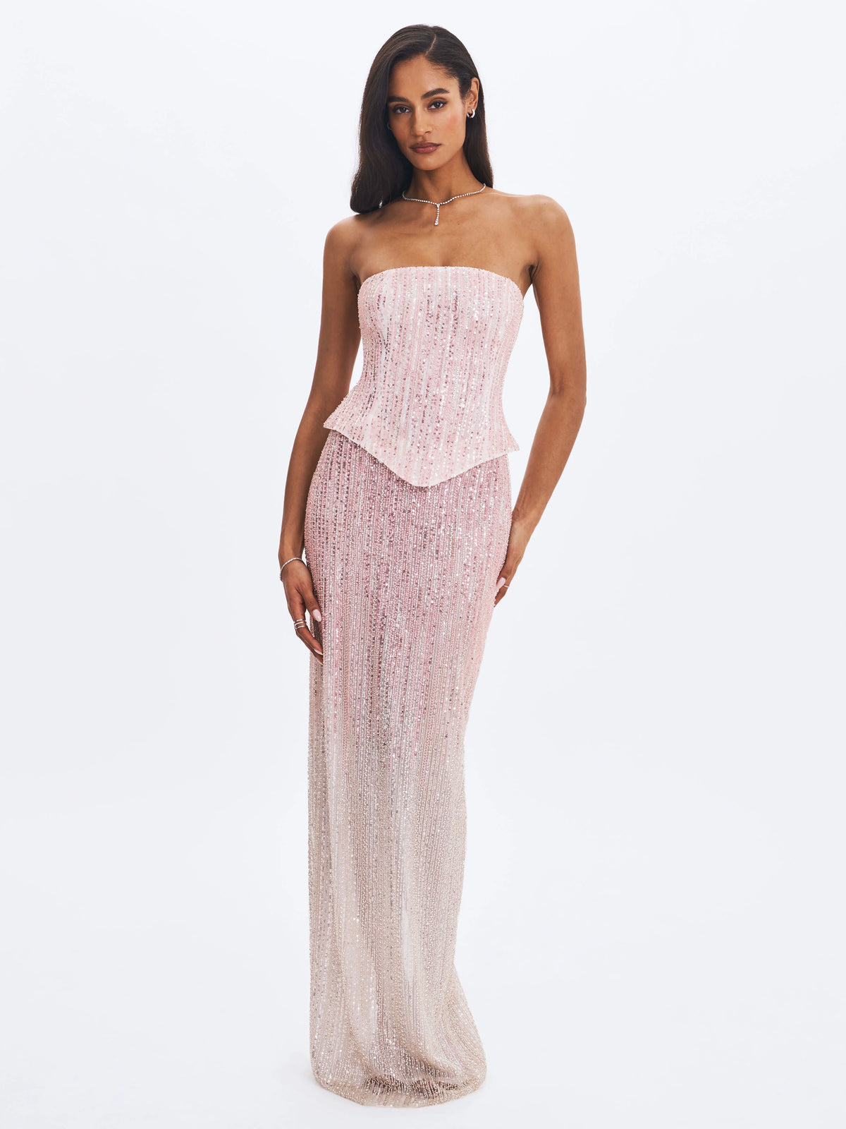 Tosca Beaded Blush Gradient Strapless Peplum Maxi Dress