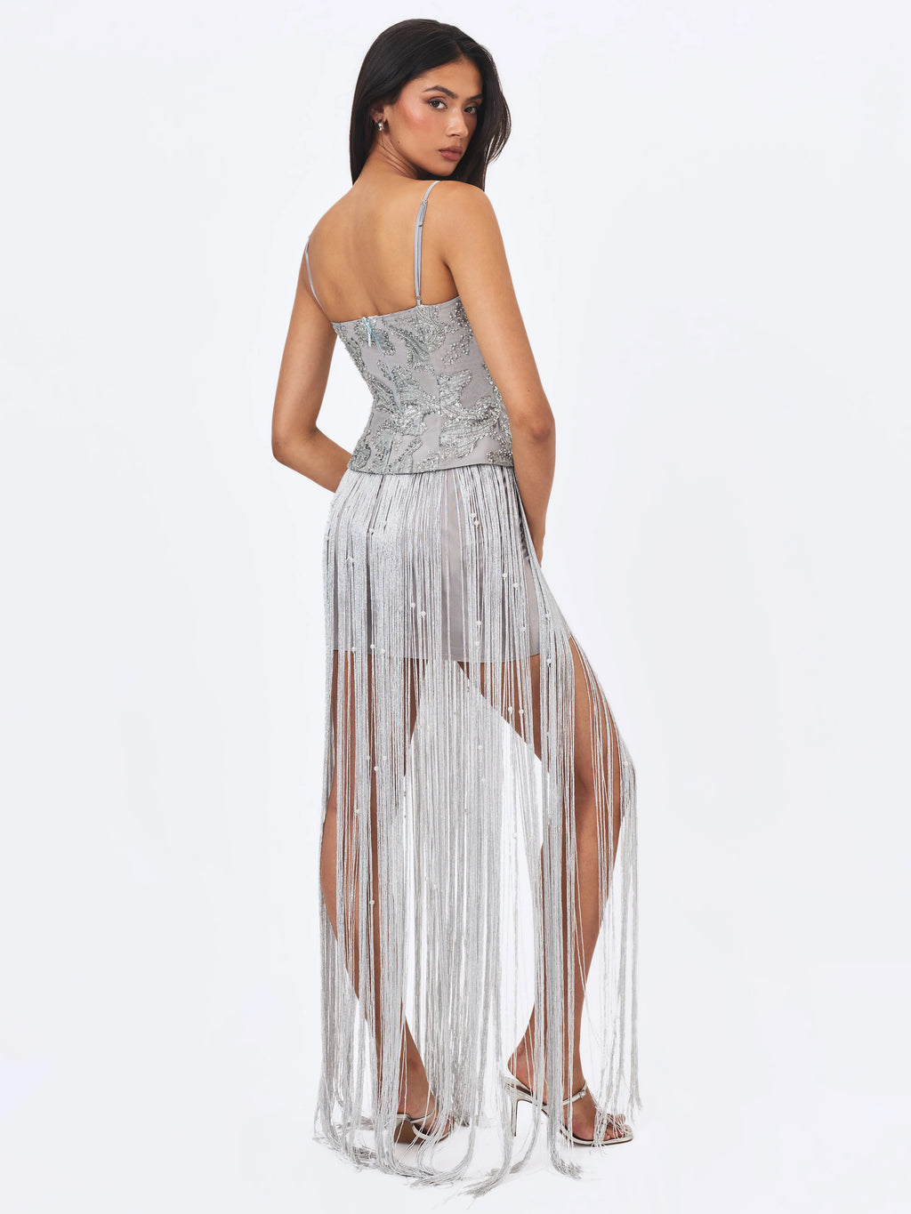 Olisa Silver Beaded Peplum Tassel Maxi Dress