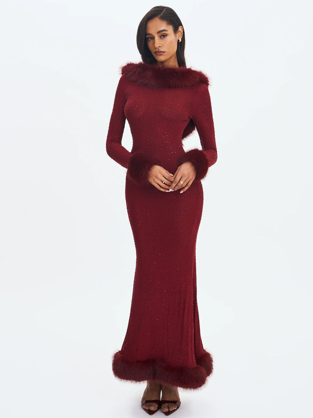 Melrose Burgundy Petite Length Rhinestone Mesh Low Back Mermaid Gown
