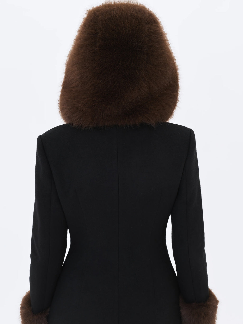 Sloan Black Wool Blend Sculpted Midi Coat with Fur Hood