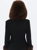 Sloan Black Wool Blend Sculpted Midi Coat with Fur Hood