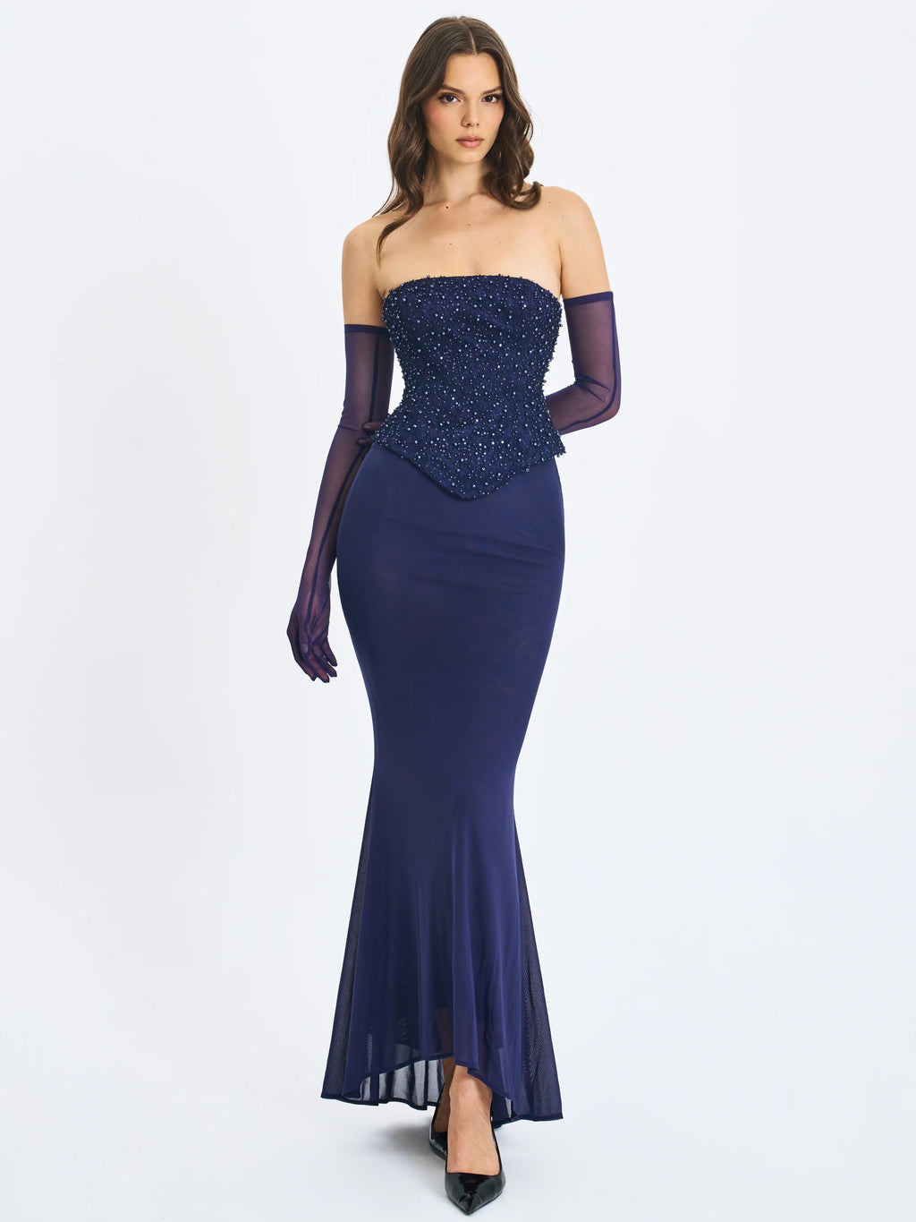 Orabelle Navy Beaded Peplum Mermaid Maxi Gown with Lace up Back