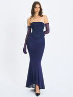 Orabelle Navy Beaded Peplum Mermaid Maxi Gown with Lace up Back
