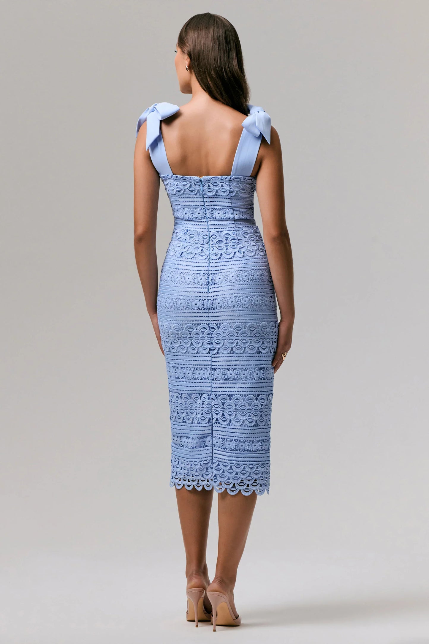 Precious Treasure Powder Blue Square Neck Midi Dress With Tie Details