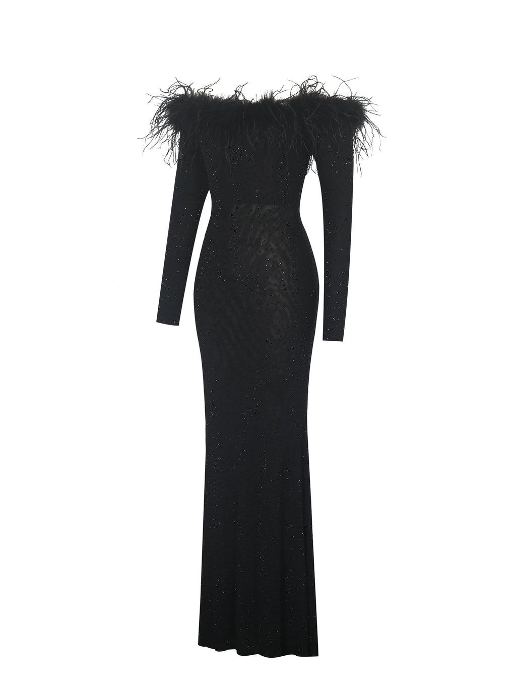 Emberly Black Fur Trimmed Off Shoulder Rhinestone Mermaid Maxi Dress