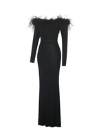 Emberly Black Fur Trimmed Off Shoulder Rhinestone Mermaid Maxi Dress