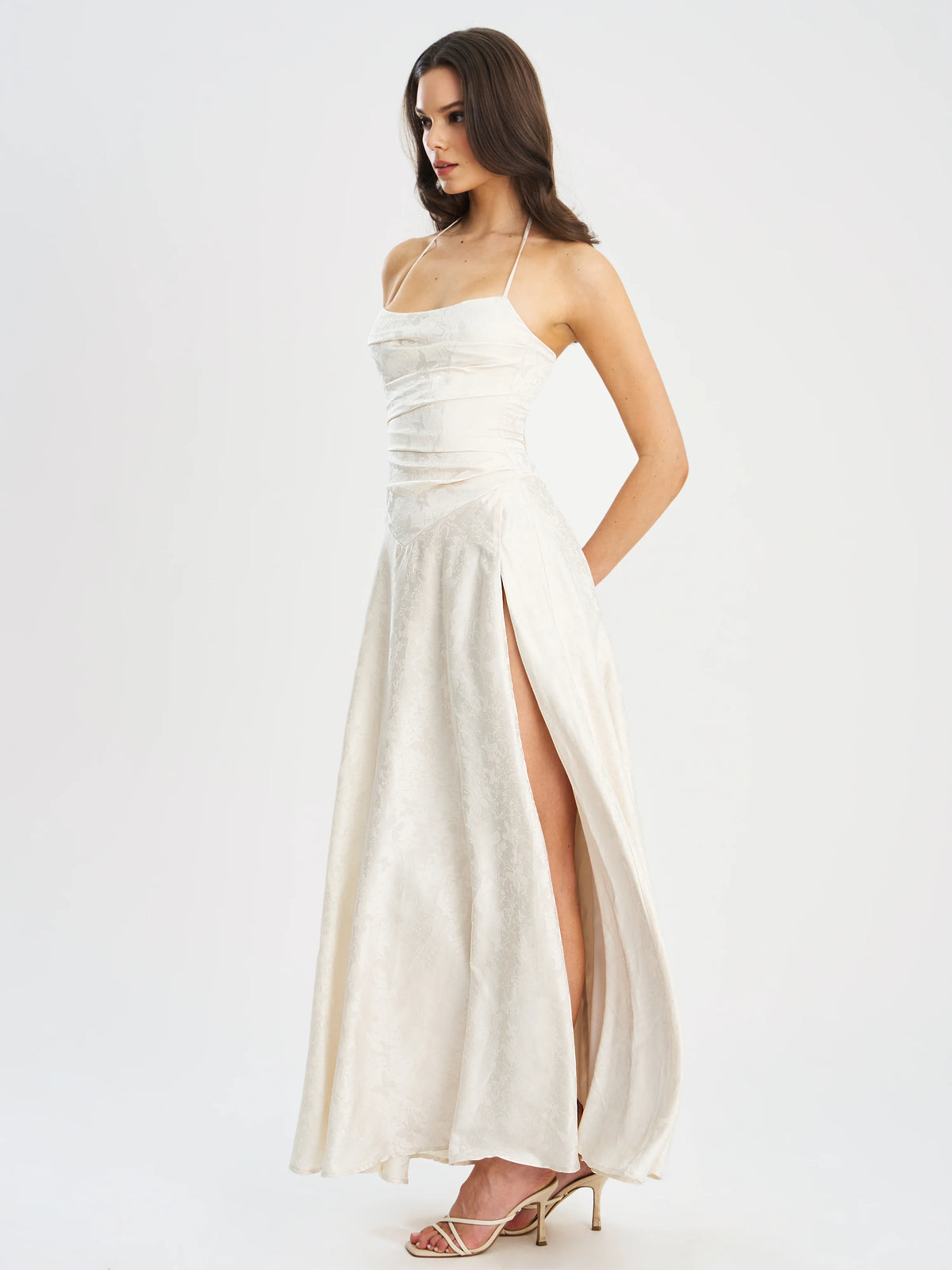 Raegan Pearl White Jacquard Ruched Maxi Dress