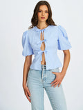 Qusayla Baby Blue Gingham Cotton Bubble Sleeve Bowtie Top
