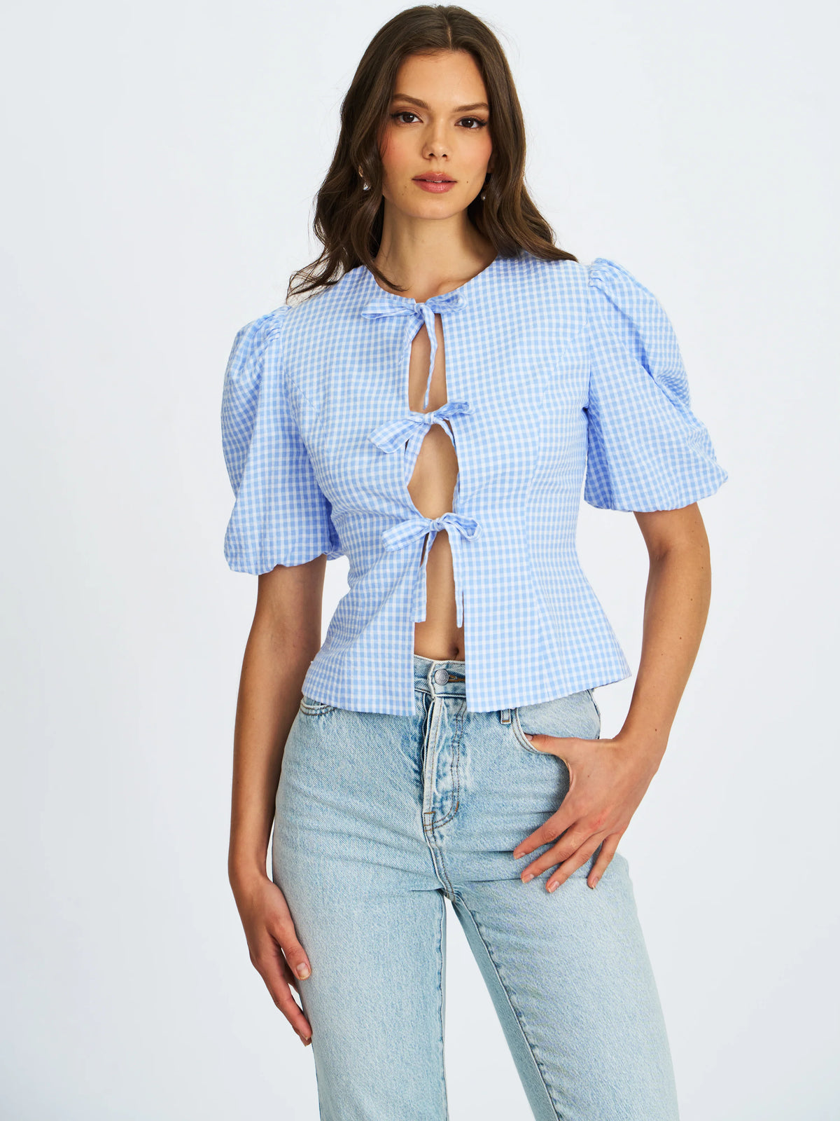 Qusayla Baby Blue Gingham Cotton Bubble Sleeve Bowtie Top