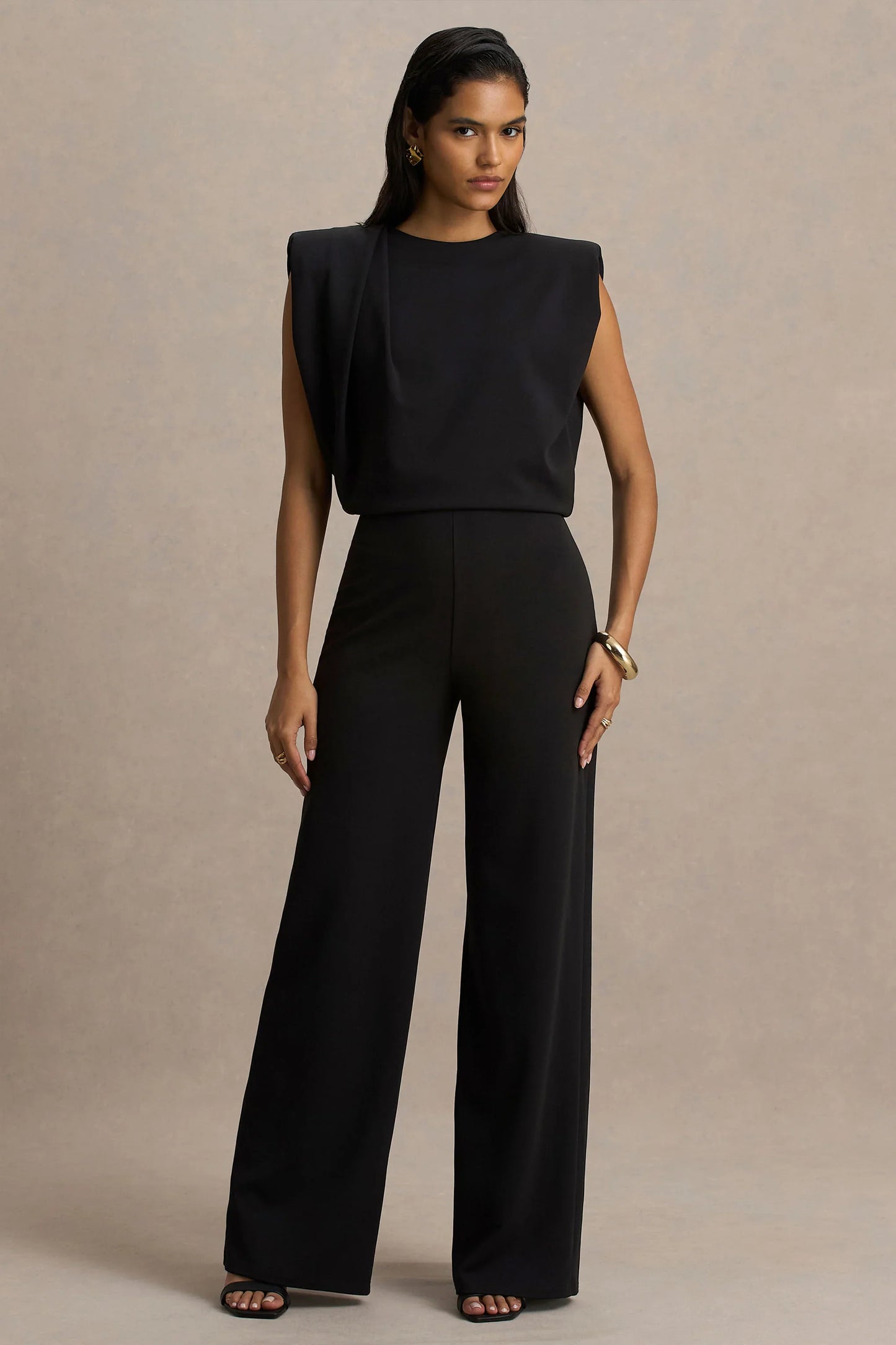 Tiff Black Crew Neck Jumpsuit With Draped Detailing