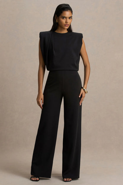 Tiff Black Crew Neck Jumpsuit With Draped Detailing