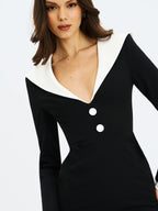 Heather Black Collared Decorative Button Front Mini Dress