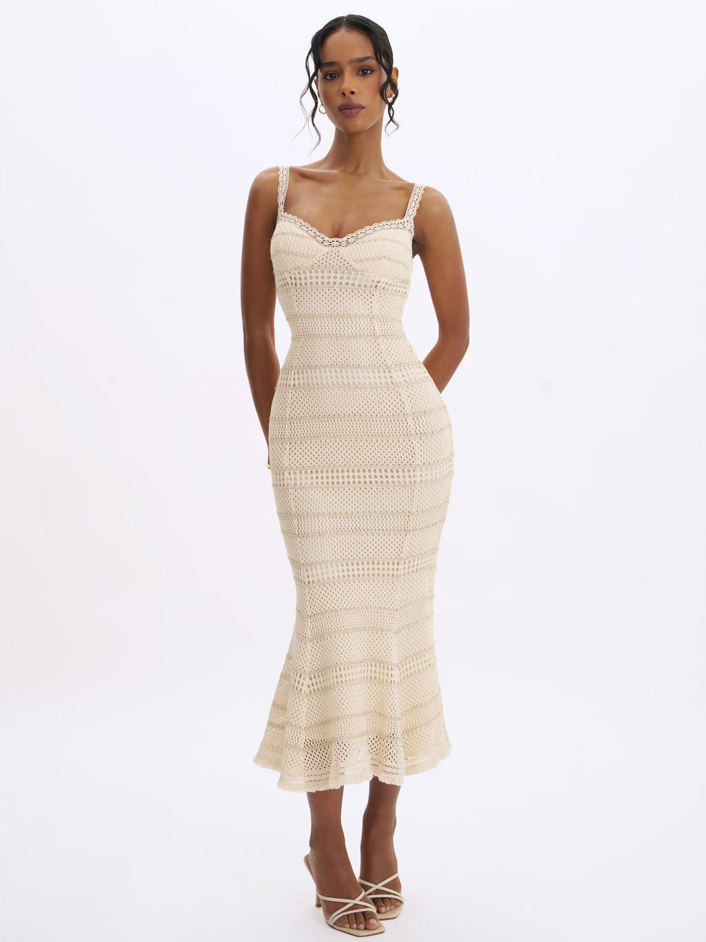 Xiomara Beige Gold Stripe Crochet Knit Mermaid Midi Dress
