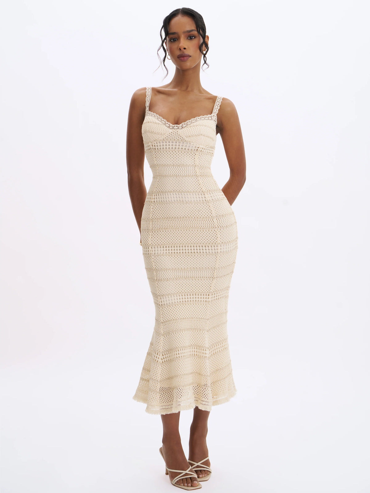 Xiomara Beige Gold Stripe Crochet Knit Mermaid Midi Dress