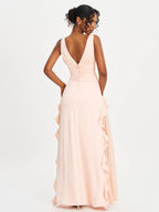 Talyssa Baby Pink Ruched Waist Double High Slit Maxi Gown Archive Sale