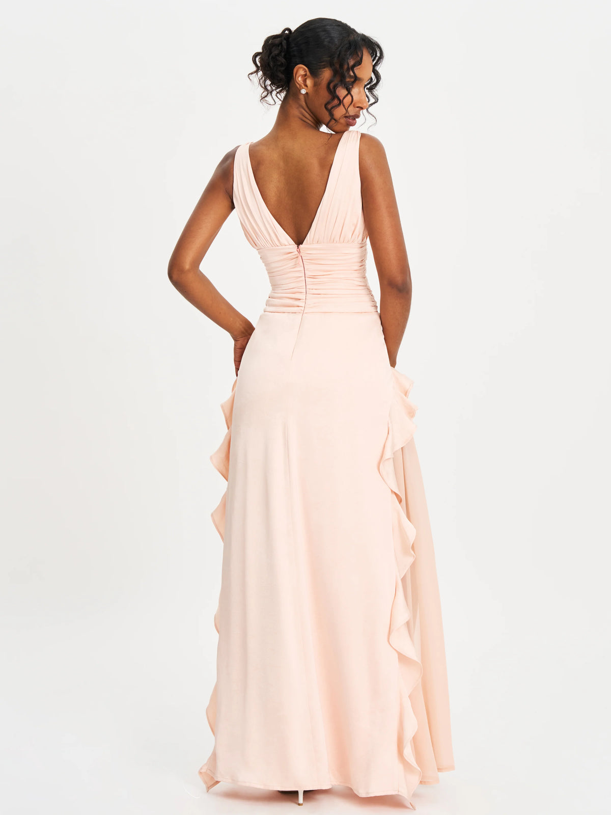 Talyssa Baby Pink Ruched Waist Double High Slit Maxi Gown Archive Sale