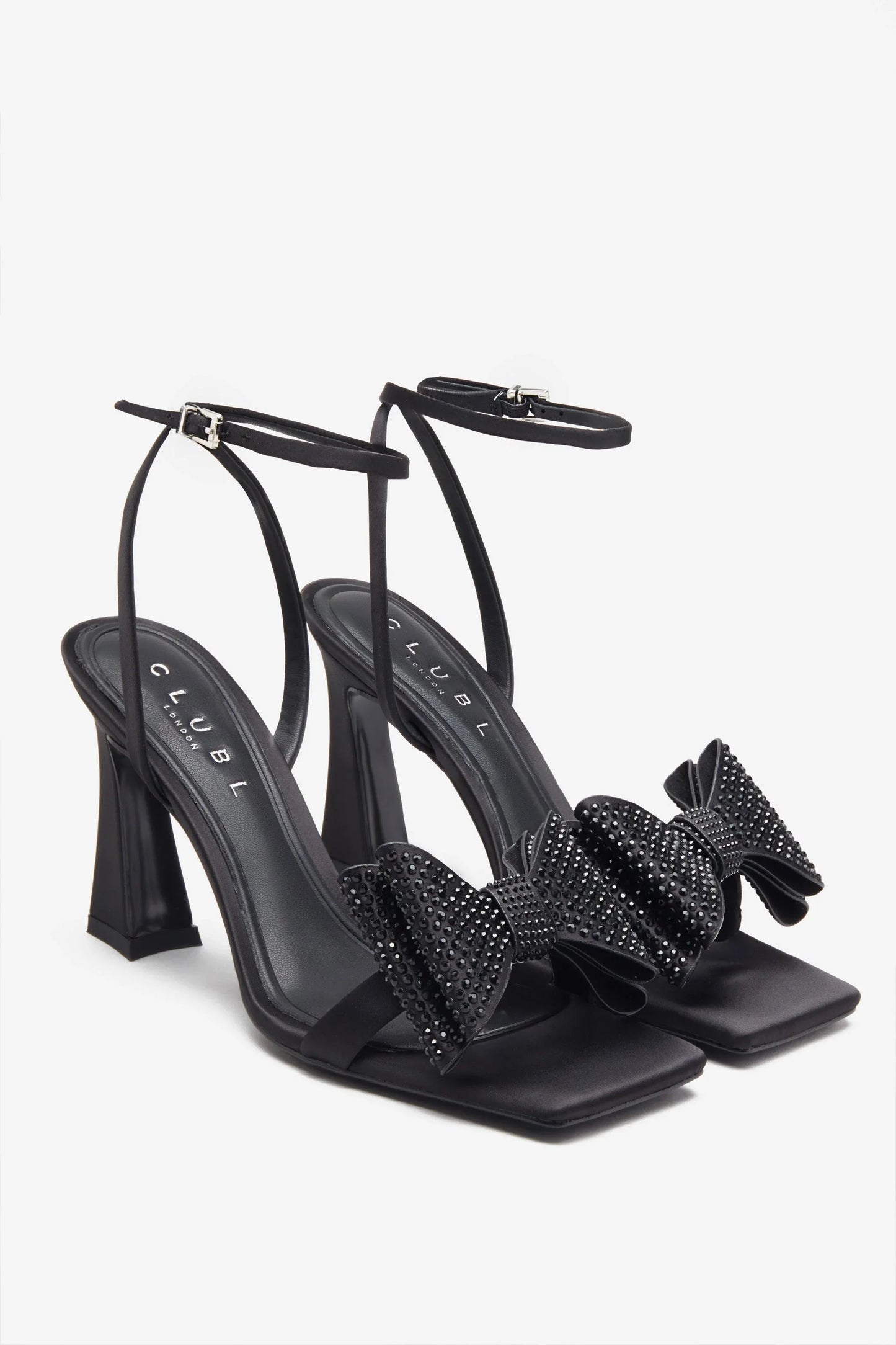 Headlines Black Ankle Strap Heeled Sandals With Diamante Bows