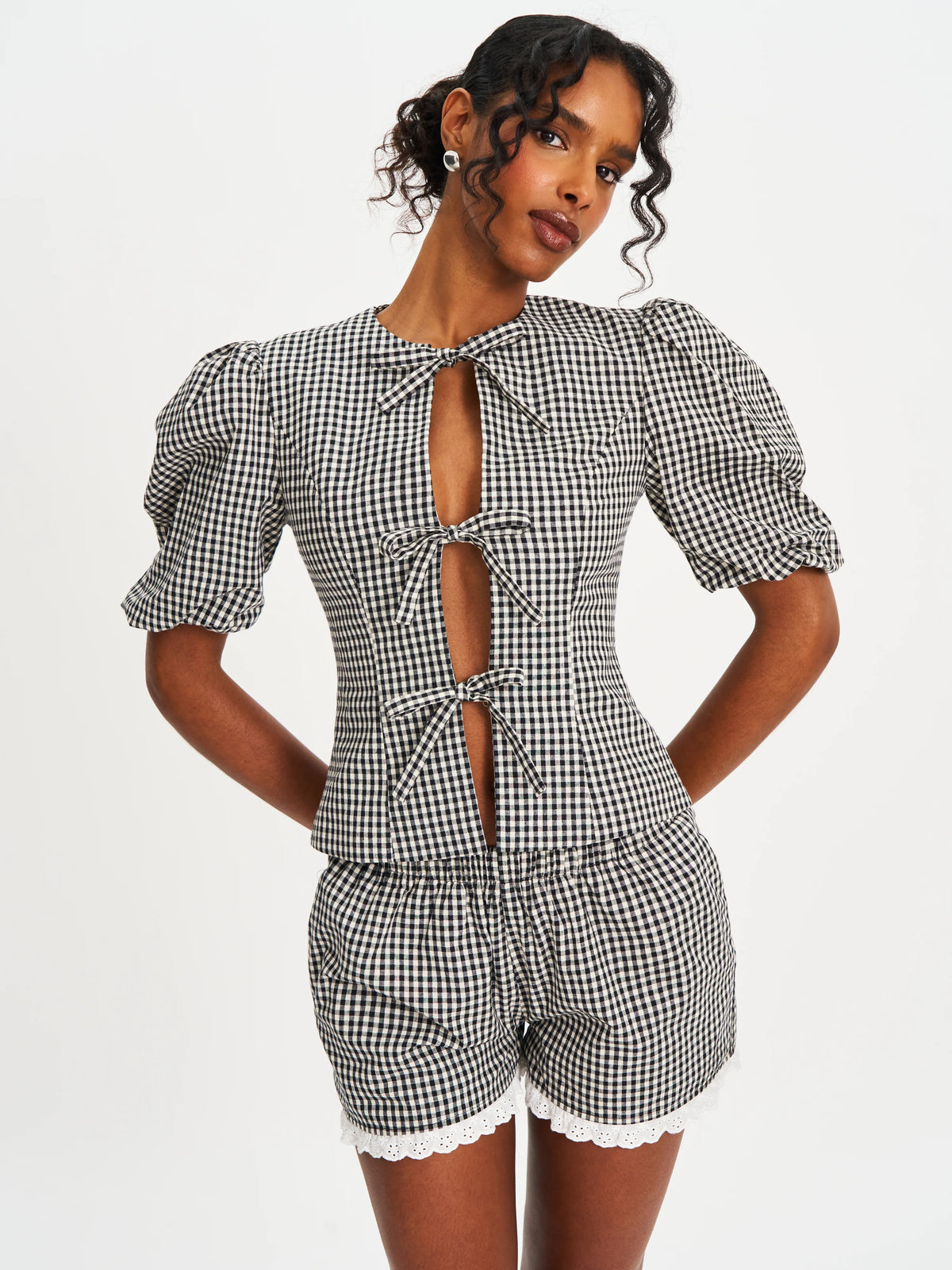 Qutayla Black Gingham Cotton Lace Trim Shorts