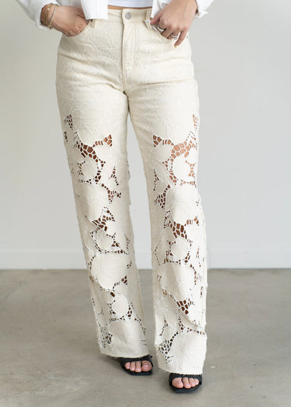 Shia Lace Detail Jeans Beige