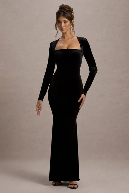 Morana Black Velvet Square Neck Long Sleeve Maxi Dress