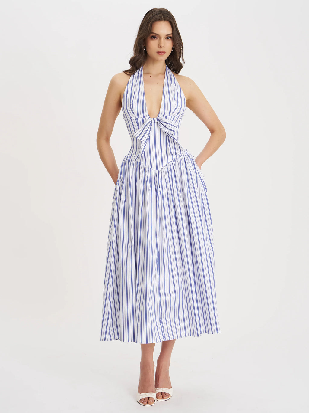 Mackenna Navy Cotton Stripe Halter Smock Back Maxi Dress