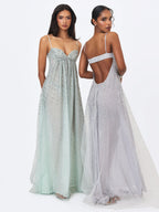 Wallie Mint Rhinestone Embellished Mesh Backless Gown