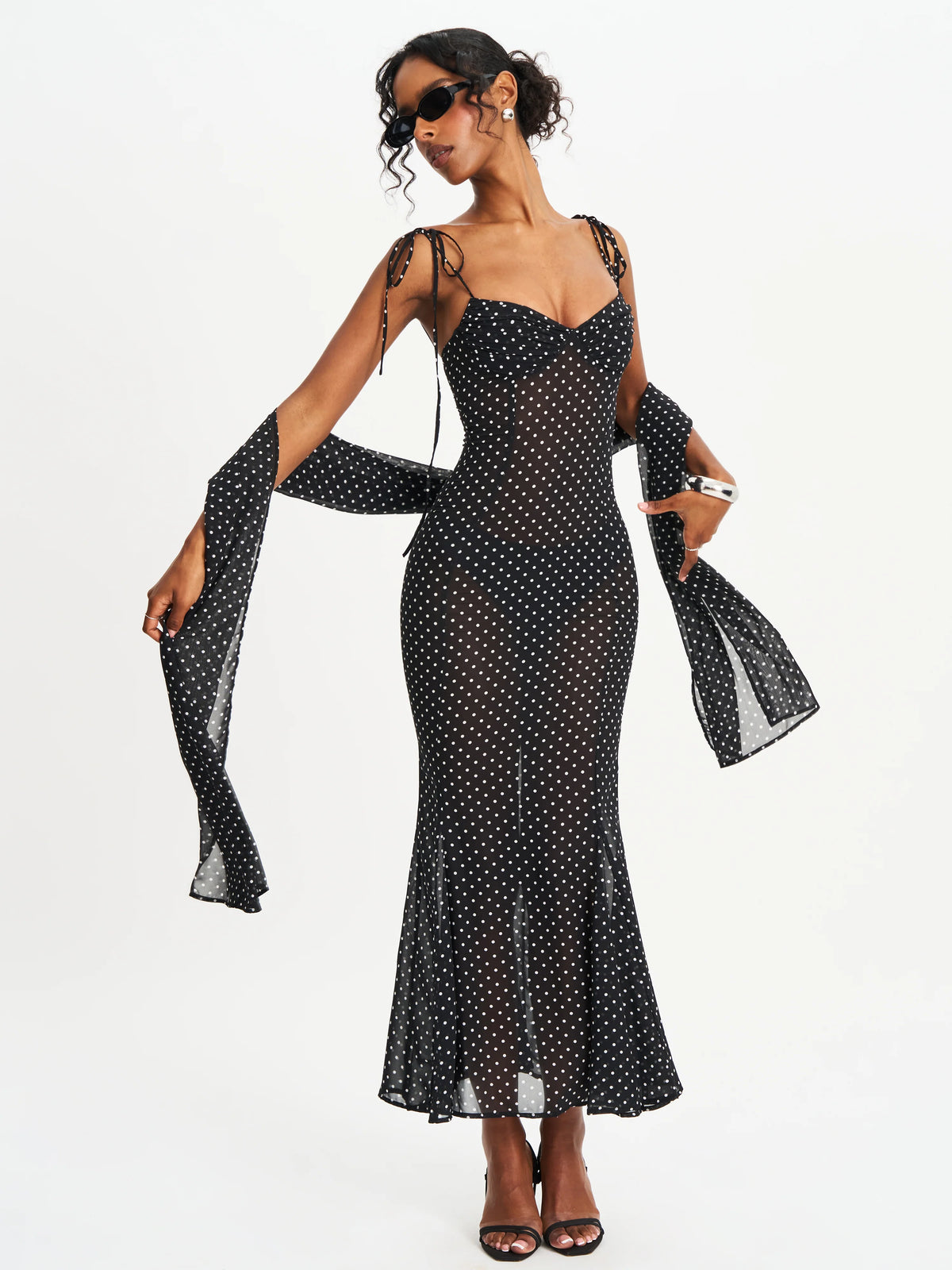 Yadira Black Base Polka Dot Chiffon Maxi Dress
