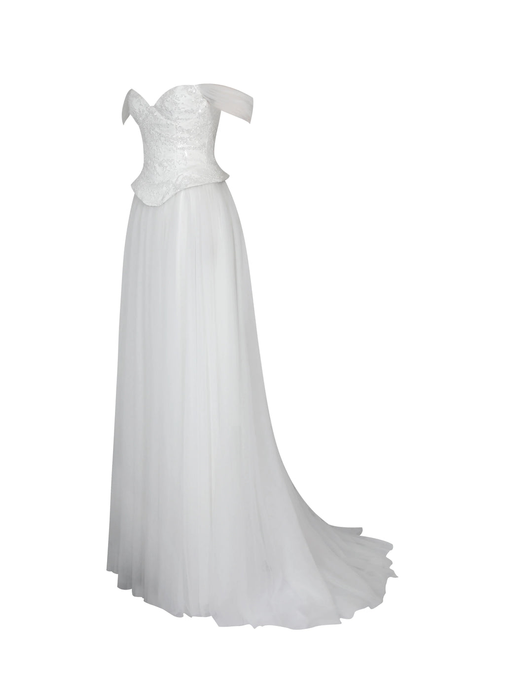 Jianna White Beaded Peplum Bardot Neckline Wedding Gown
