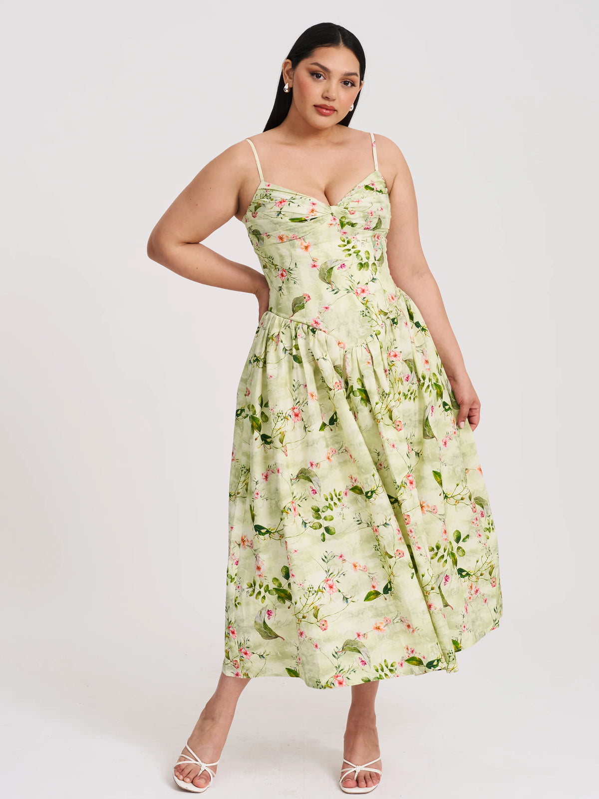 Jacinda Green Floral Print Linen Midi Dress