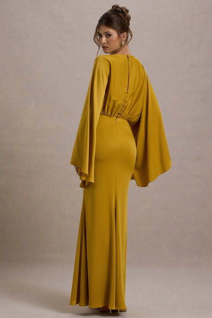 Zuzanna Mustard Draped Maxi Dress With Cape Sleeves