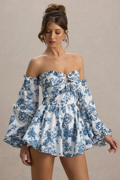 Ithaca Blue Porcelain Print Bardot Ruffled Playsuit