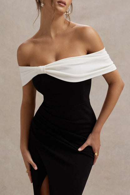Eva Black White Bardot Bow Detail Maxi Dress With Thigh Split