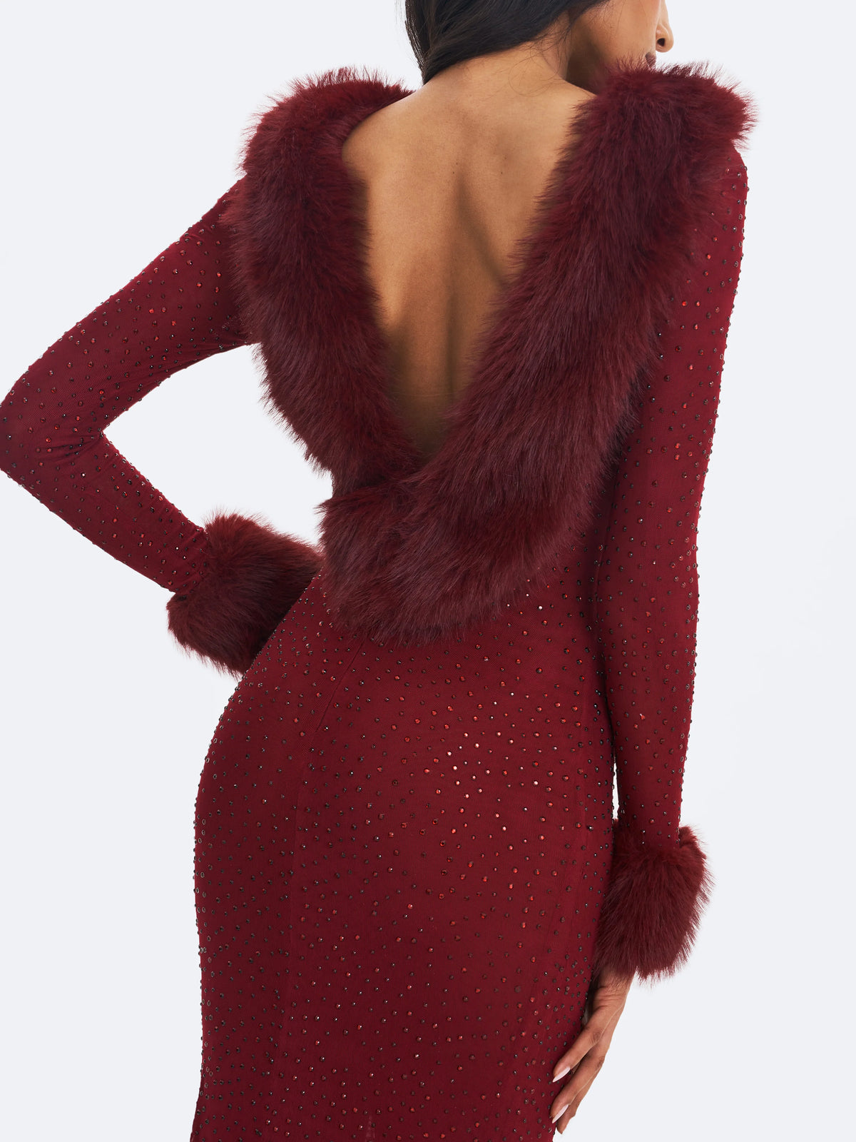 Melrose Burgundy Petite Length Rhinestone Mesh Low Back Mermaid Gown