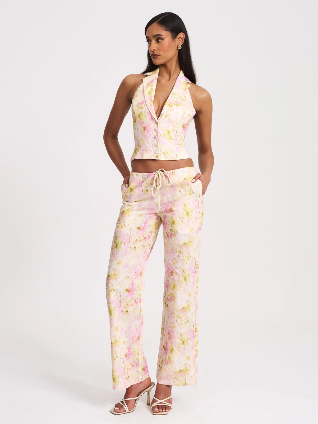Laureen Pink Floral Print Linen Straight Pants