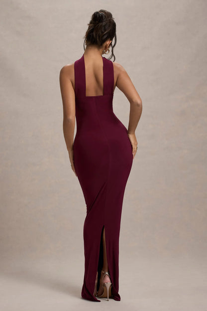 Nobu Burgundy Bandeau Maxi Dress With Halter Collar